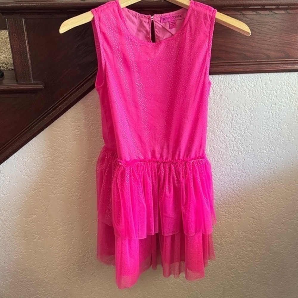 Betsey Johnson Girls Size 10 Hot Pink Sleeveless MIDI Party Girl Ruffled Dress